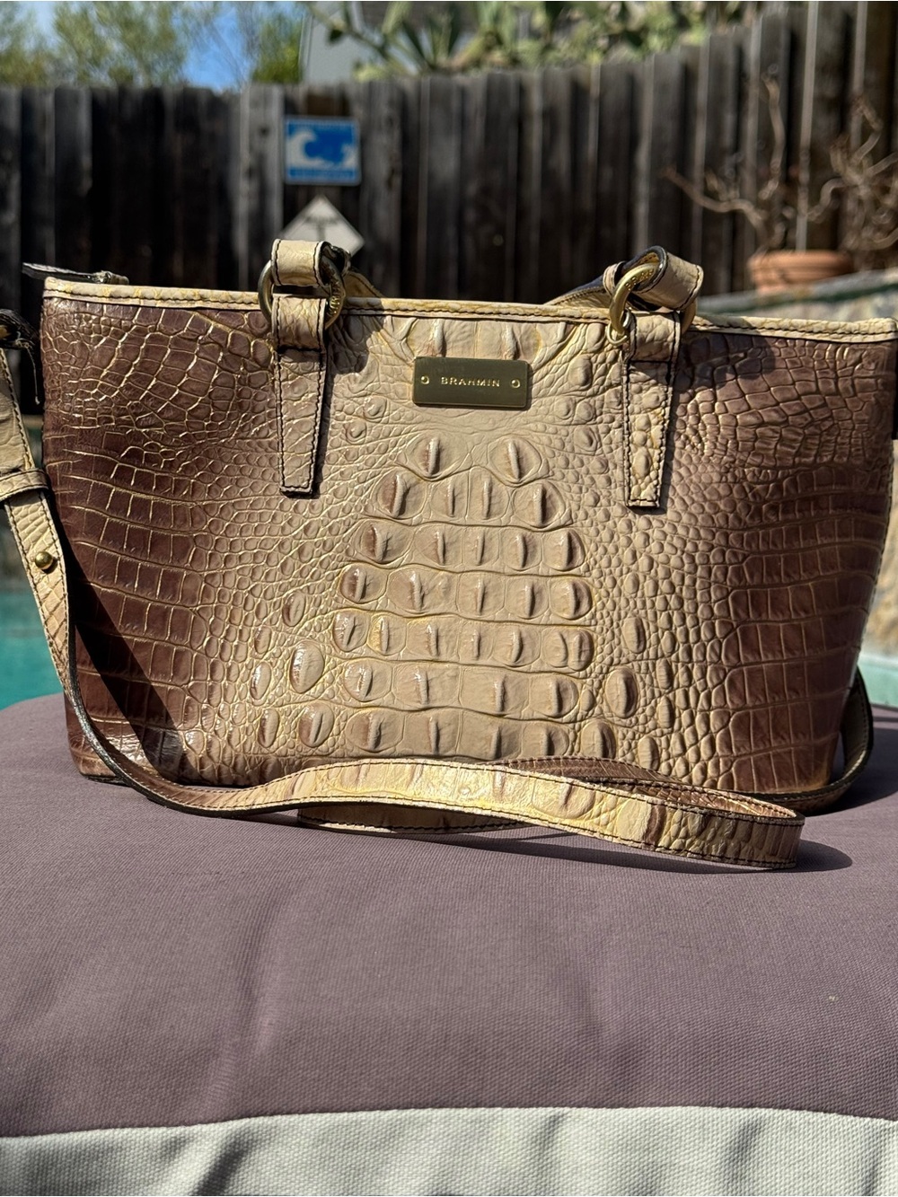 Brahmin Viviani Croc Embossed Leather Satchel Crossbody Brown Cream GUC